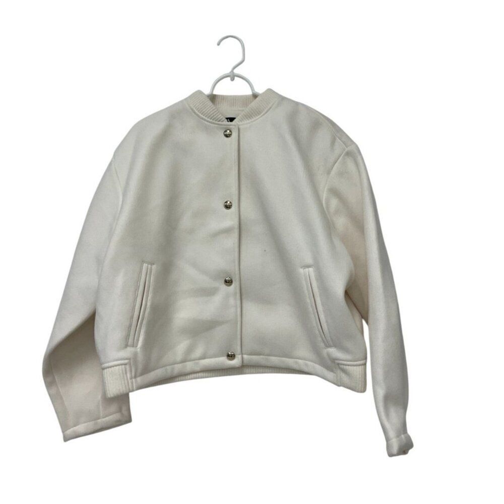 Zara Womens Soft Bomber Jacket Size XL White Gold Snap Button 4968/223 NWT